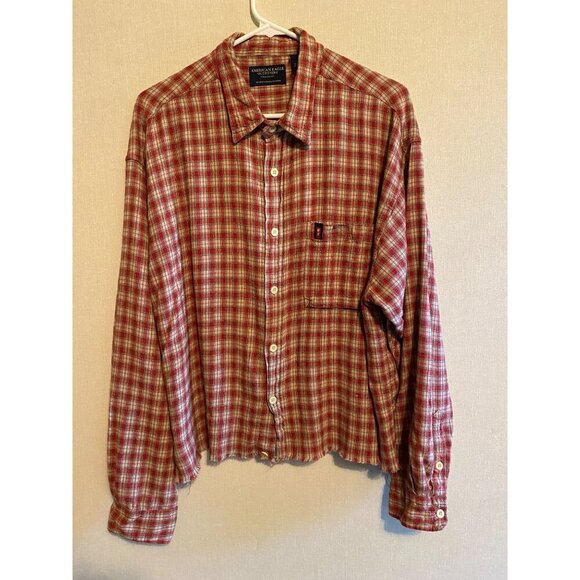 American Eagle Women's Red Plaid Raw Hemmed Barn Shirt XL - Picture 1 of 4